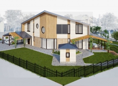 Einzelne energieeffiziente Haus auf dem Land Dorf. Moskau Region.
